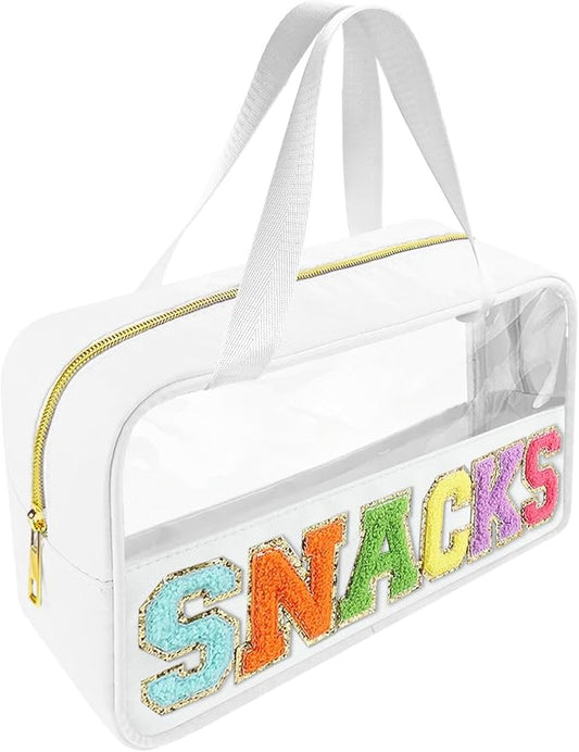 Bunliuys Chenille Letter Clear Makeup Bag Travel Patch, Travel Toiletry Makeup Bag with Handle, Nylon Waterproof Makeup Bags clear cosmetic bag, preppy patch makeup bag for Women (SNACKS-White)