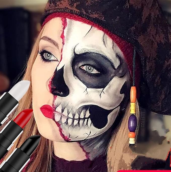 Go Ho 3 PCS Makeup Clown White Cream-Blendable Stick-Eye Black Sticks Face Body Paint Professional Halloween SFX Makeup,Safe Facepaint Nose&Lip Smacking for Sports Festival Make up(White+Black+Red)