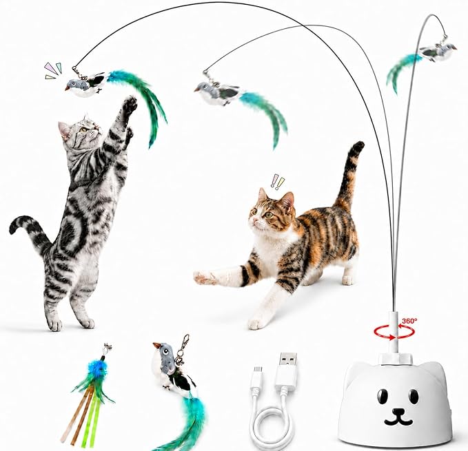 Interactive Cat Toys for Indoor Cats, 360° Automatic Spin Flying Bird Wand