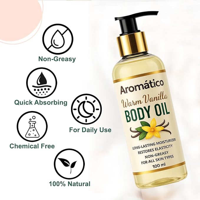 Aromatico Warm Vanilla Mini Body Oil for Women | Moisturizing After Shower Body Oil for Daily Use | Cozy, Creamy Vanilla Scent - 4 fl oz
