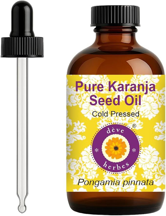 dève herbes Karanja Seed Oil (Pongamia pinnata) with Glass Dropper | Cold Pressed | Pure | Natural | For Diluting Essential oils | For Skin & Massage | Non-Sticky| Lightweight| Unisex | 120ml (4 oz)