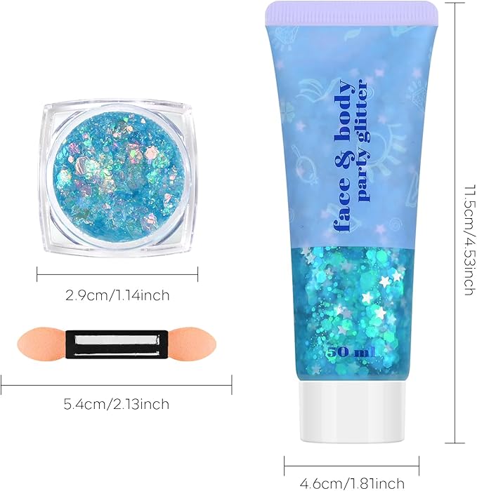 Blue Face and Body Hair Glitter Gel, Party Concerts Cheer Face Paint Holographic Chunky Festival Rave Accessories Glitter Makeup, 6 Kinds of Sparkling Sequins for Hair Nail Eye Lip Body