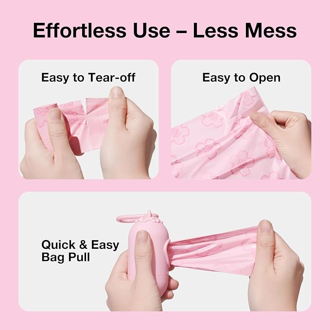 VETRESKA Dog Poop Bag Dispenser with 105 Cherry Blossom Scented Bags | Leak Proof and Extra Thick Pet Waste Bags, 1 Poop Bag Holder and 7 Rolls for Dog Walking and Cats Litter