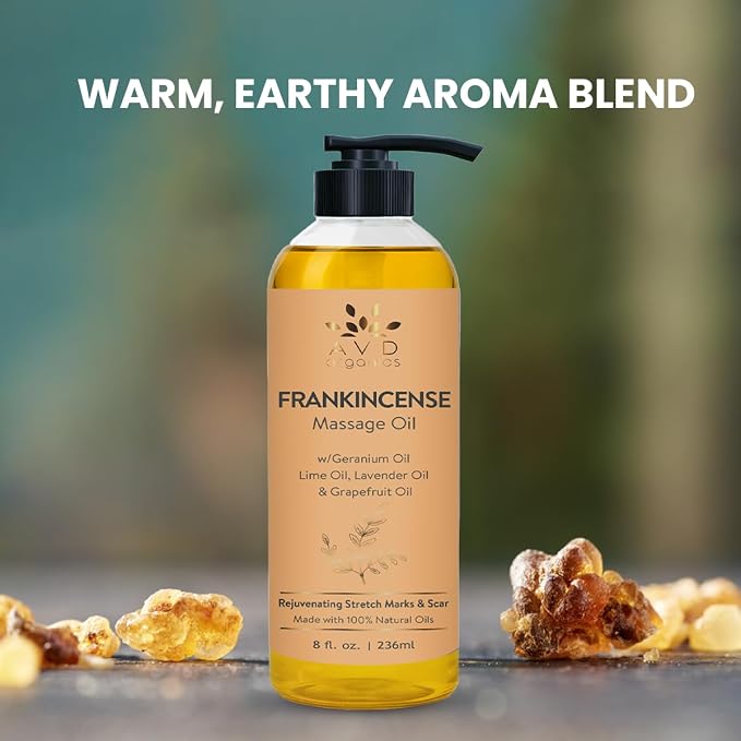 AVD Organics Frankincense Massage Oil 236ml | Invigorating Refreshing and Soothing Massage | Made with Natural Oils | Ideal for Both Men and Women 8 fl oz