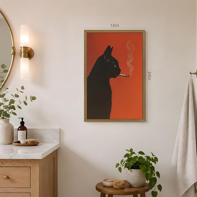 VziizV Black Cat Wall Art, Funny Smoking Cat Canvas Print, Vintage Retro Animal Wall Decor, Minimalist Whimsical Poster Artwork for Bar Cart Living Room Bedroom Office Wood Framed 12x16 Inch