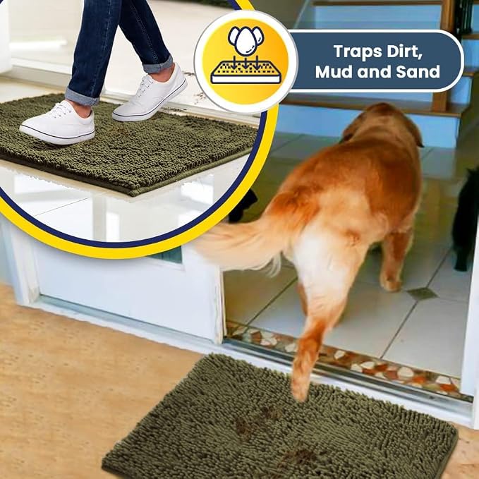 Muddy Mat® | Super Water Absorbent Door Mat Indoor, Microfiber Quick Dry Chenille Entryway Rug, Slip Resistant Front Door Mat, Indoor Mats for Entryway, Machine Washable Pet Rug, Sage 32" x 40"