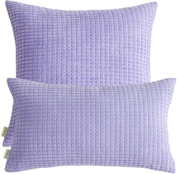 Pack of 2 Size bundel Polyester Blend Soft Hand Feeling Throw Pillows (with Insert) Size 18"x18" and 12"x20" one of Each (Lavender)