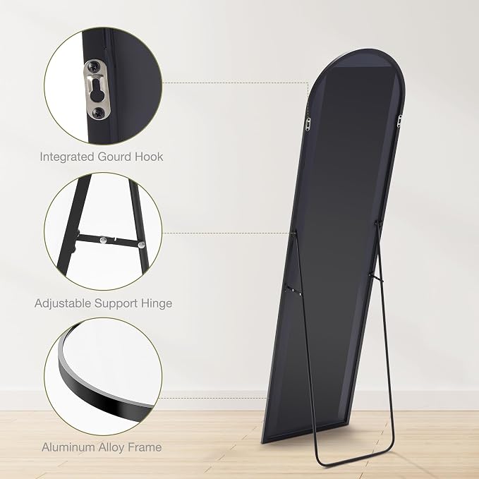 DUMOS 59"x16" Arched Full Length Floor Mirror, Full Body Mirror | Free Standing or Wall Mount, Nano Glass Aluminum Frame, Hanging or Leaning, Modern Simple Home Decor, Black