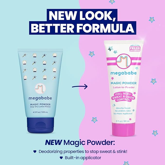 Megababe Sweat & Odor Absorbing Lotion - Magic Powder Stay-Dry Lotion to Powder | Spring Break Must-Have | Aluminum-Free, Talc-Free | 3 fl oz
