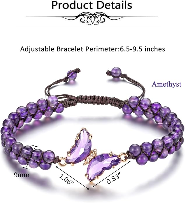 Top Plaza Amethyst Bracelet Healing Crystal Stone Bracelet for Women 8mm Crystal Beads Butterfly Charms Stretch Bracelet Handmade Energy Gemstone Bracelet Jewelry