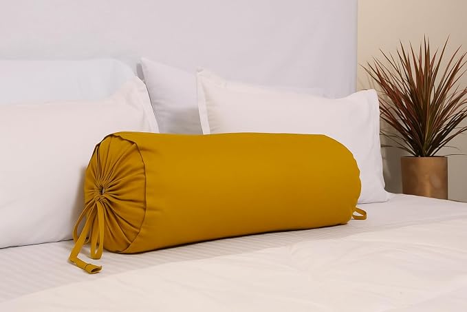 Round Pillow Cover Cervical Neck Roll Cotton Bolster Pillowcase for Cylindrical Cushion and Drawstring Closure Round Neck Pillowcase 6" x 18" (15 x 45 cm) Mustard