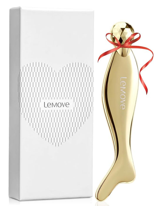 Lemove 4-in-1 Gua Sha Facial Tools, Facial Roller, Skin Care Roller with Stainless Steel, Face Ice Roller to Reduce Puffiness & Eye Strain, Relieved Facial Tension, Gift for Women and Men-Gold