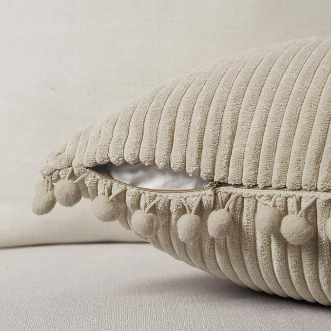 Fancy Homi Pack of 2 Tan Lumbar Decorative Throw Pillow Covers with Pom-poms, Soft Corduroy Solid Rectangle Cushion Cases Set for Couch Sofa Bedroom Car Living Room (12x20 Inch/30x50 cm, Beige)