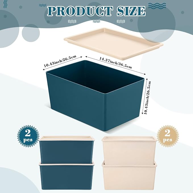4 Pcs Storage Bins with Lids Plastic Stackable Containers for Classroom Room Organizing Shelves Christmas Ornament Box Baskets(Beige, Blue,Small)