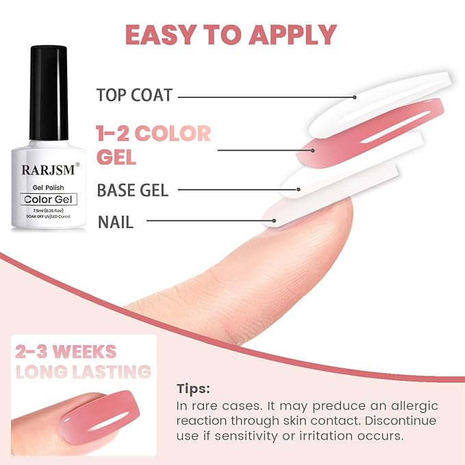 RARJSM Jelly Nude Gel Nail Polish Set 6 Transparent Neutral Skin Tone Colors Milky White Clear Pink Sheer Rose Red French Manicure LED UV Gelpolish Soak Off Curing Requires for Home Salon 7.5ml