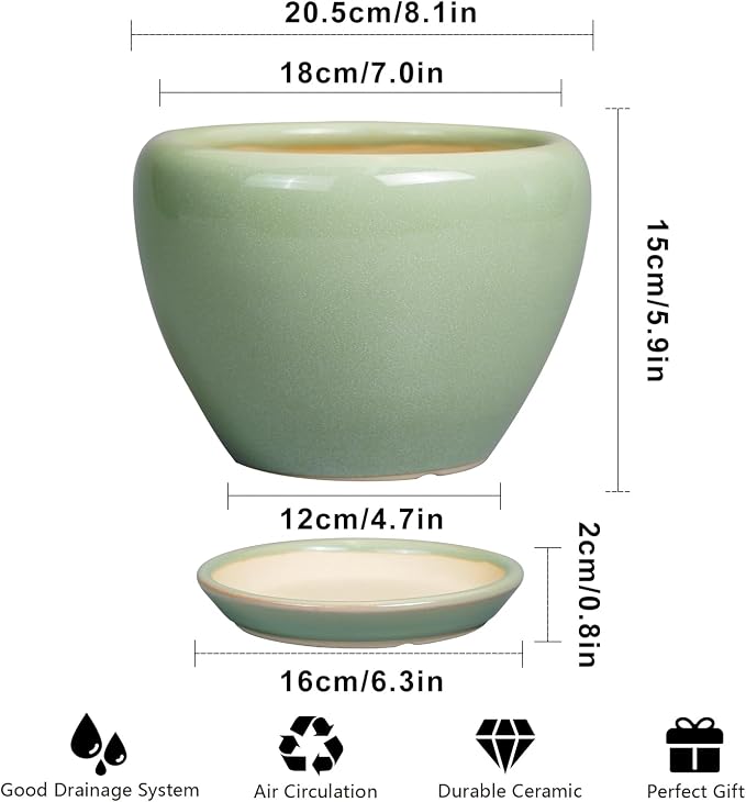 Ceramicfor 8 Inch Plant Pot - Ceramic Planter for Outdoor Plants Indoor Plant Pot with Drainage Hole and Saucer Mid-Century Round Planter Flower Pot for House Garden Green
