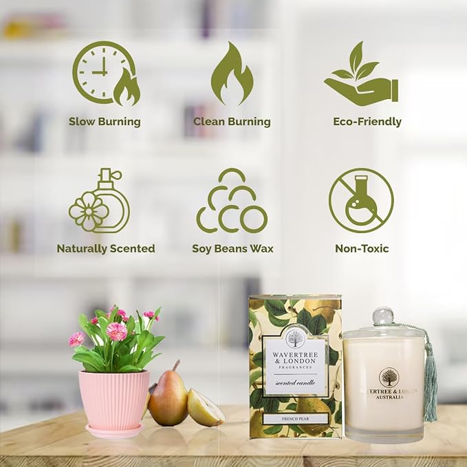 Wavertree & London Organic French Pear Scent Soy Wax Candle | Non Toxic 100% Cotton Wick Triple Scented Pure Natural Soy Wax Candles, Hand Poured in Australia | 60 Hours Burning Time, 11.66 Oz