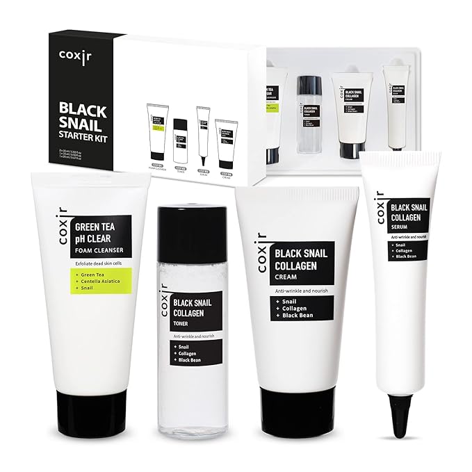 coxir Black Snail Collagen Starter Kit – Cleanser, Toner, Serum & Cream | Repairing Snail Mucin Skincare Set, Hydrating Korean Beauty Routine for Women (4-Piece)