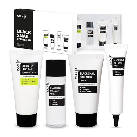 coxir Black Snail Collagen Starter Kit – Cleanser, Toner, Serum & Cream | Repairing Snail Mucin Skincare Set, Hydrating Korean Beauty Routine for Women (4-Piece)