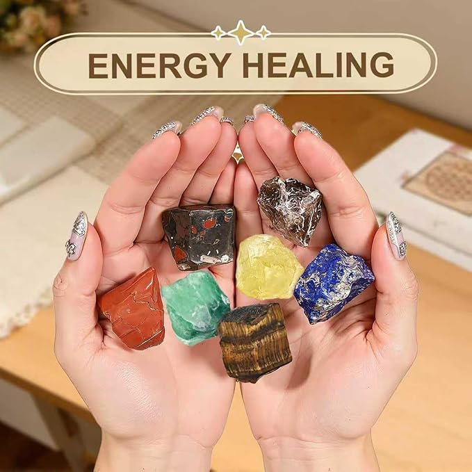Set of 12 Raw Crystals and Healing Stones, One Stone for Each Month, Chakra, Meditating and Energy Healing Stones, DIY Necklace kit and Clear Quartz Necklace, Handcrafted Gift for Women