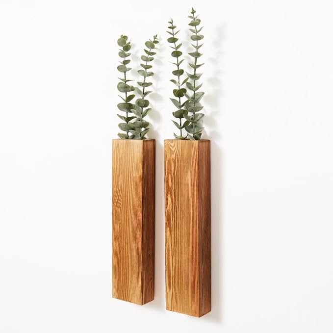 2 Pack Wood Wall Planters with 4 Faux Eucalyptus Stems for Wall Decor