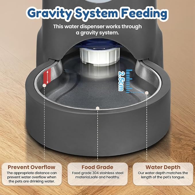 1 Gallon Automatic Cat Feeder Gravity Stainless Steel Water Dispenser Dog Feeder for Small Medium Puppy Kitten Pets Water Feeding Bowls,Charcoal Gray