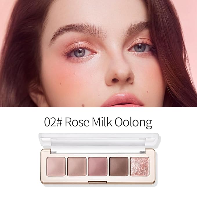 5-Color Eyeshadow Palette, Matte & Shimmer Neutral Browns, Low Saturation High Pigment, Blendable Buildable Waterproof, Smooth Skin-Friendly, 2#