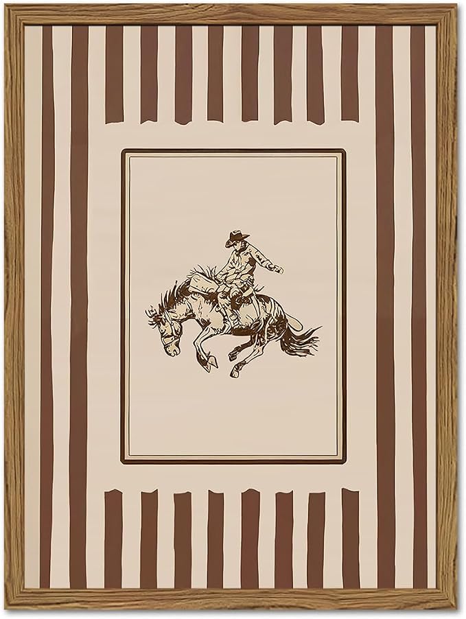 Vintage Western Cowboy Wall Art Retro Striped Cowboy Rodeo Wall Decor Paintings, Southwestern Country Horse Poster Canvas Prints for Bedroom Farmhouse Living Room 16x24 inch Framed