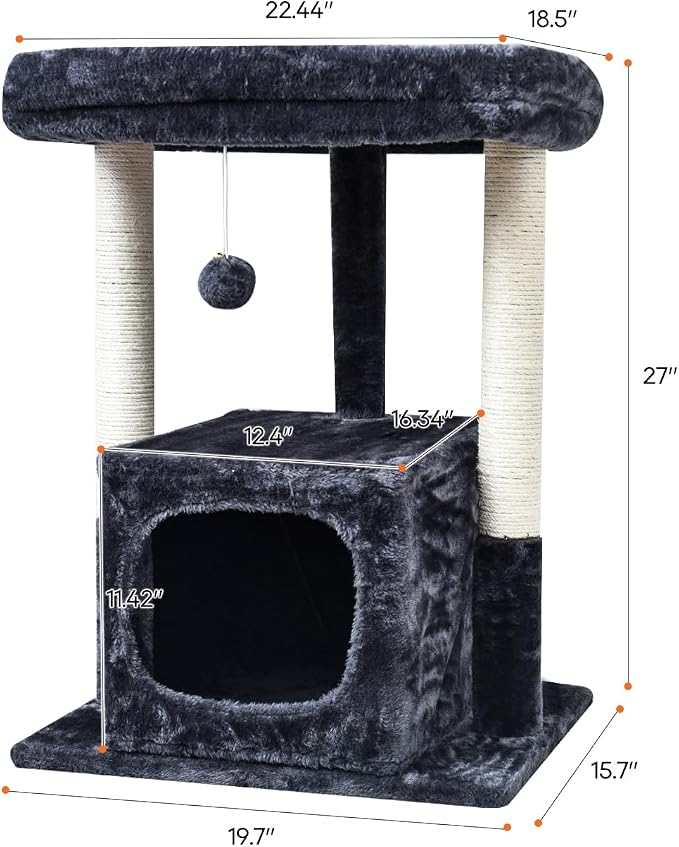 SYANDLVY 27IN Cat Tree for Indoor Cats Large Adult, Modern Activity Tower | Scratching Posts, Condo with Plush Perch, Climbing Stand with Spring Ball for Play, Smoky
