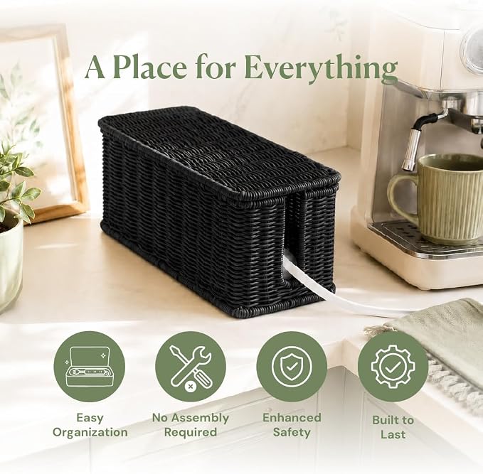 Cable Management Box, Handmade Rattan Cable Organizer with 2 Open Slots, Cord Hider for Power Strip, Router & USB Hub, Registered U.S. Design Patent (D1,112,102), 13" x 5.1" x 5.1", Black