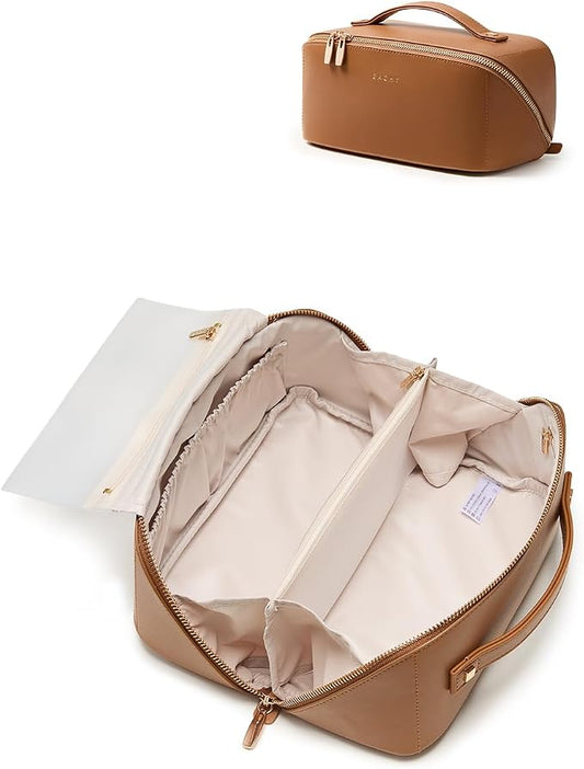 EACHY Travel Makeup Bag, Large Capacity Cosmetic Bag for Women, Waterproof PU Leather, Flat Open Portable Toiletry Bag for Skincare, Brushes & Travel Essentials