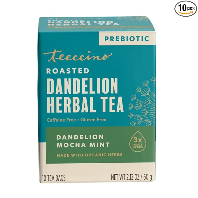 Teeccino Dandelion Mocha Mint Tea - Caffeine Free, Roasted Herbal Tea with Prebiotics, 3x More Herbs than Regular Tea Bags, Gluten Free - 10 Tea Bags