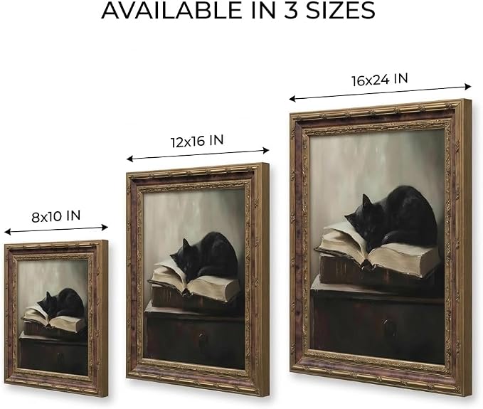 Vintage Moody Gothic Black Cat Wall Art, Dark Academia Cat Canvas Print, | Sleeping Cat on Antique Books Painting Poster, Literary Picture Wall Decor for Living Room Bedroom Office 8x10 In