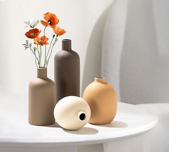 Ceramic Flowers Vase Set of 4, Elegant Multicolor Home Decorative Small Vases for Table, Centerpieces, Shelf (DBrown/Brown/Orange/White)