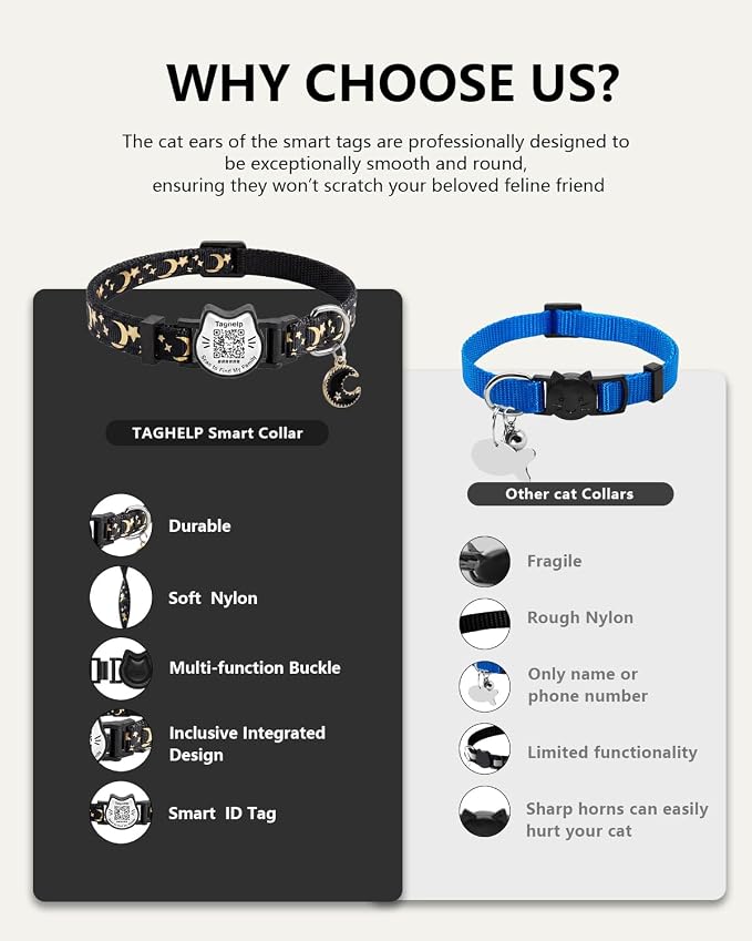 Star & Moon Breakaway Cat Collar with QR Code Tag (Black & Purple) | Reflective Nylon, Quick-Release Buckle