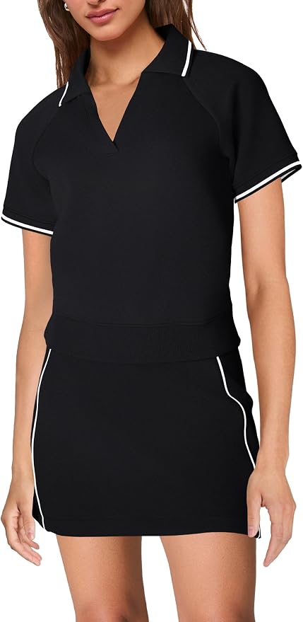 Womens Workout Sets 2 Piece Outfits V Neck Short Sleeve Polo Shirt and Tennis Skort Set with Pockets