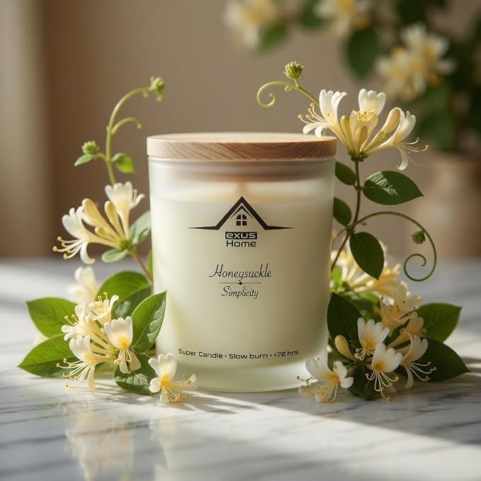 Exus Hand Crafted, Soy Wax, Wood Wick, Aromatic Candle. Non-Toxic (Honeysuckle/Simplicity)
