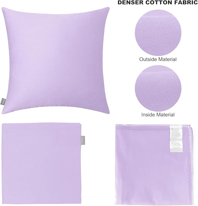 Thmyo 4-Pack 100% Cotton Comfortable Solid Decorative Throw Pillow Case Square Cushion Cover Pillowcase Sublimation Blank Pillow Covers DIY Throw Pillowcase (18x18 inch/ 45x45cm,Pale Purple)