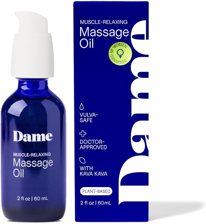 Dame Products Muscle-Relaxing Massage Oil for Women & Men, Sandalwood & Cardamom Aromatherapy Body Oil with Jojoba for Massage Therapy, Plant-Based, Non-Greasy, Relaxing Full-Body Massage Oil, 2 fl oz