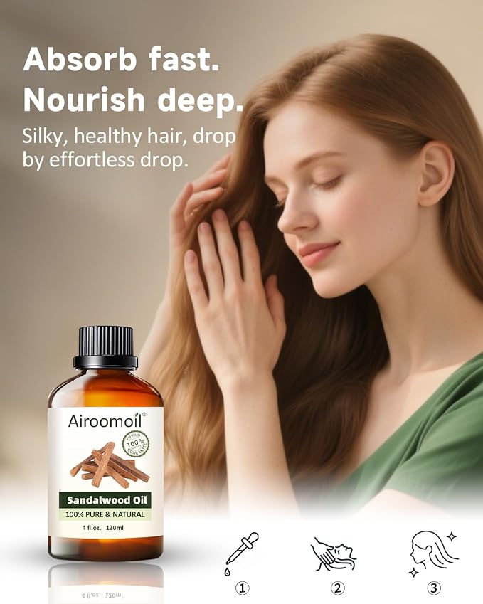 Sandalwood Essential Oil, Woody Scent, Aromatherapy, 4 Fl Oz | for Skin, Hair care, Home Diffusion Fragrance, Body Massage, DIY Candle and Soap Making, Perfume spray, Long-Lasting Scent