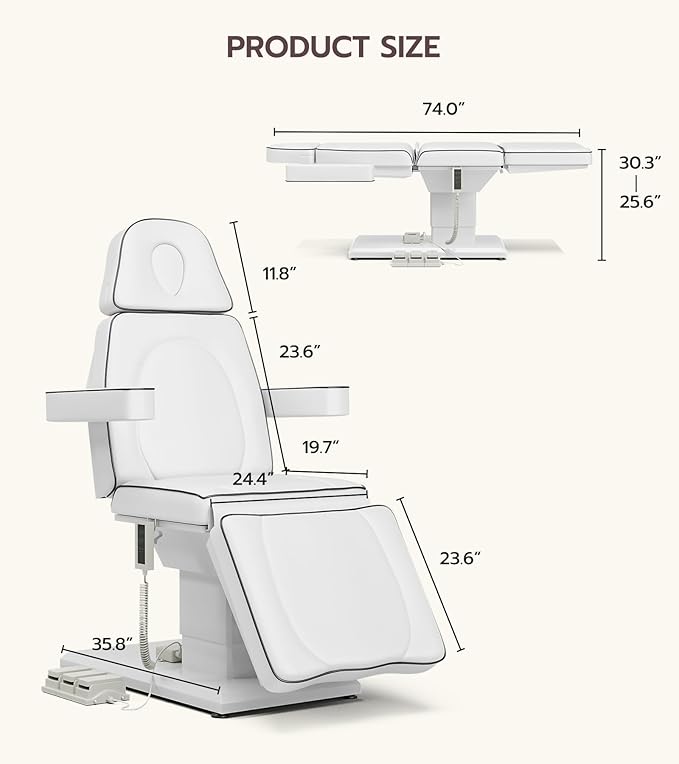 VARONXE Icoget Fully Electric Esthetician Bed, 3 Motors Massage Table Tattoo Facial Chair, 4-Section Adjustable Tteatment Table for Spa, Waxing, Microblading, Beauty, Includes Stool, White