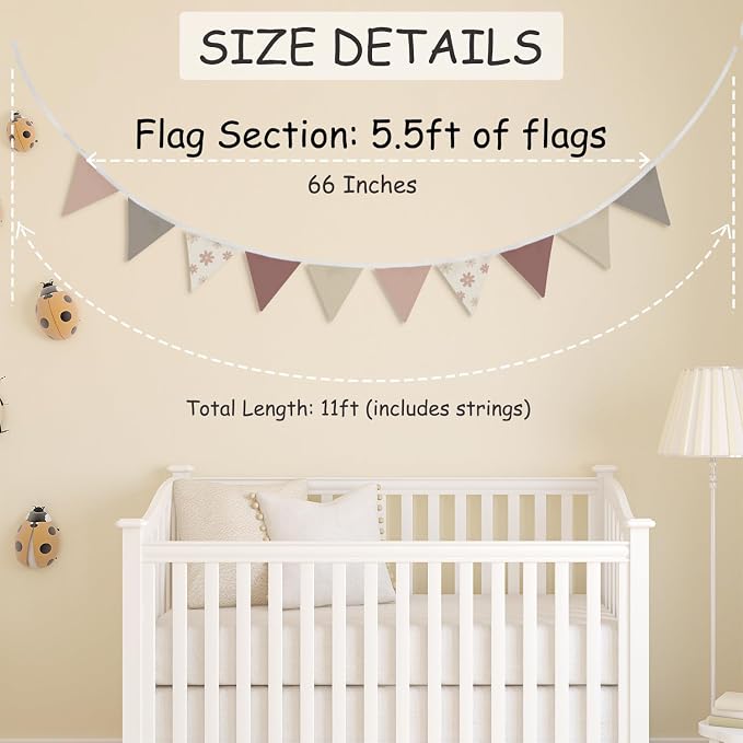 Pink Pennant Banner Toddler Girls Room Wall Decor,Vintage Baby Girl Bedroom,Garland Triangle Banners Boho Daisy Flower,11Ft Pennant Banner Bunting Flags Fabric for Baby Shower Birthday Party