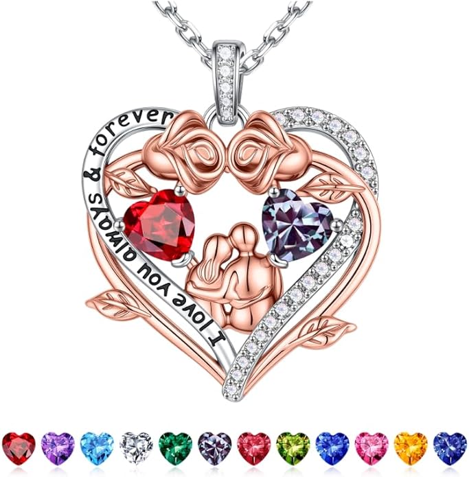 Iefil Valentines Gifts for Her Wife - 925 Sterling Silver Double Heart Birthstone Necklace, Anniversary Birthday Gifts for Women Wife Girlfriend