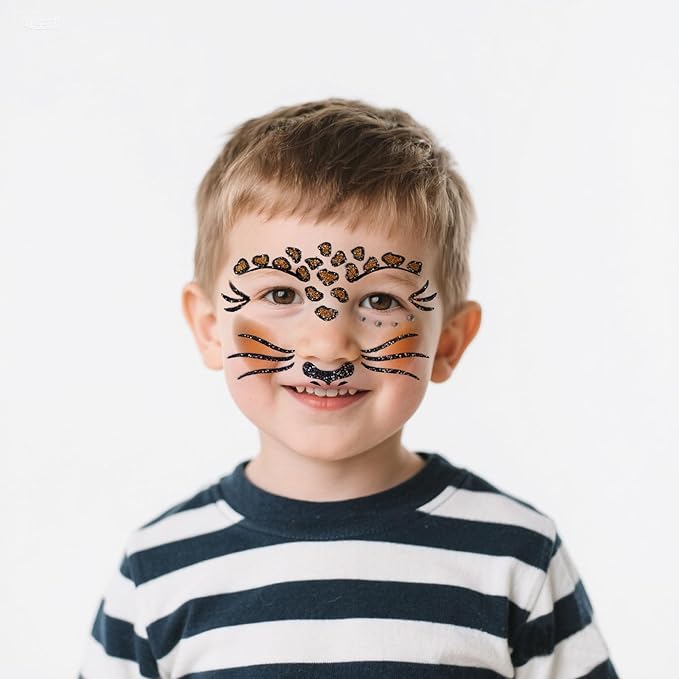 Leopard Tiger Glitter Face Tattoo Stickers for Kids - Temporary Body Art Makeup for Halloween, Cosplay, Birthday Party, Festival - Waterproof Fake Tattoo Stickers - 2Pcs (Wild Animal Design)