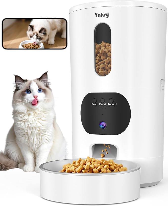 Yakry Automatic Cat Feeder with Camera - HD 1080P Video with Night Vision | 5GHz WiFi Easy Setup App Control Cat Dry Food Dispenser with Stainless Steel Bowl, 4L/17 Cups Capacity for Small Pets Indoor