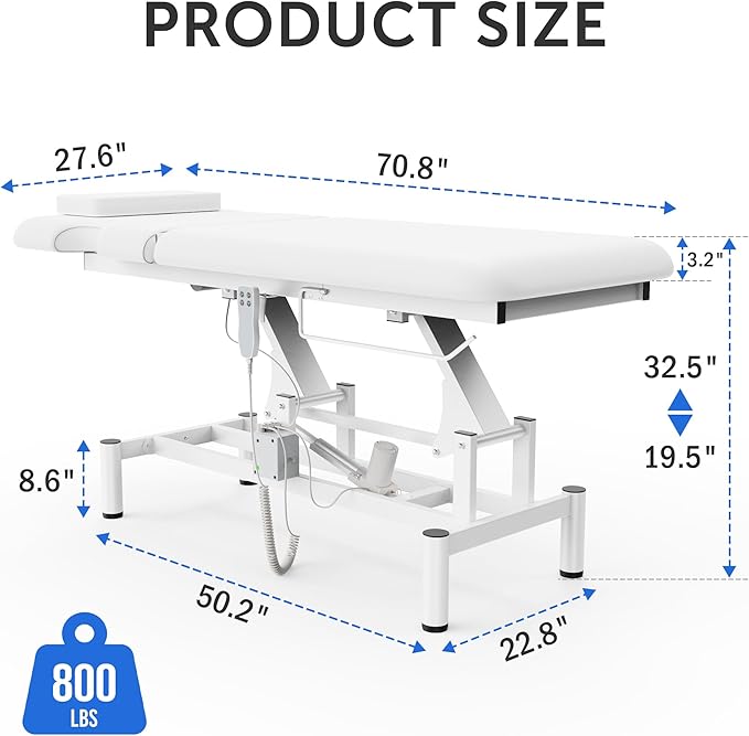 Professional Electric Massage Table, 2 Motors Hydraulic Electric Lift Adjustable Backrest and Height Lifting Functions for Treatment/Physical Therapy/Spinal Massage/Facial Spa/Waxing/Tattooing - White