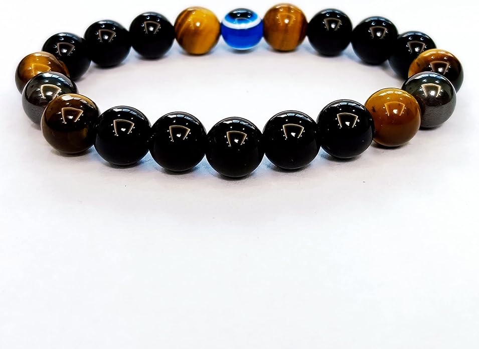 Evil Eye with Hematite Black Obsidian Tiger Eye Stone Triple Protection Bracelets for Men Women, Crystal Healing Stone Bracelet Bring Luck Prosperity and Happiness Jewelry