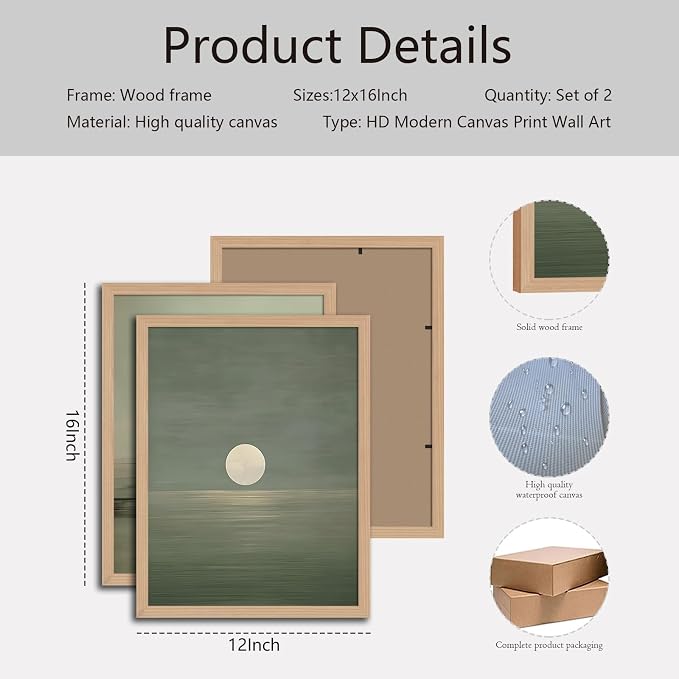 skysoon Japanese Zen Wall Art Set of 2, Sage Green Japandi Landscape Print | Japandi Scandinavian Boho Painting, Framed Picture Wall Decor for Living Room Bedroom Office 12x16 Inch