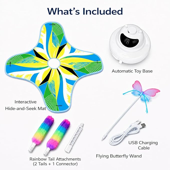 Interactive Cat Toy for Indoor Cats, Rechargeable 3-in-1 Hide and Seek Cat Toy with Spinning Butterfly & Plush Tail, Ultra-Quiet Touch Activated Self Play Cat Exercise Toy for Adult Cats & Kittens