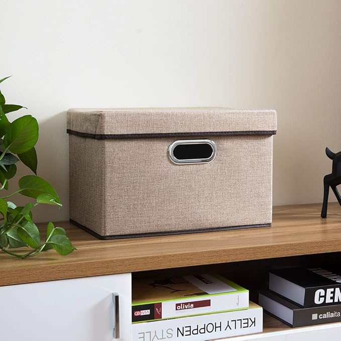 Collapsible Storage Cubes with Lids [3-Pack] Jute Fabric Foldable Storage Boxes Organizer Containers Baskets Bins with Cover for Home Bedroom Closet Office Nursery (14.9x9.8x9.8)